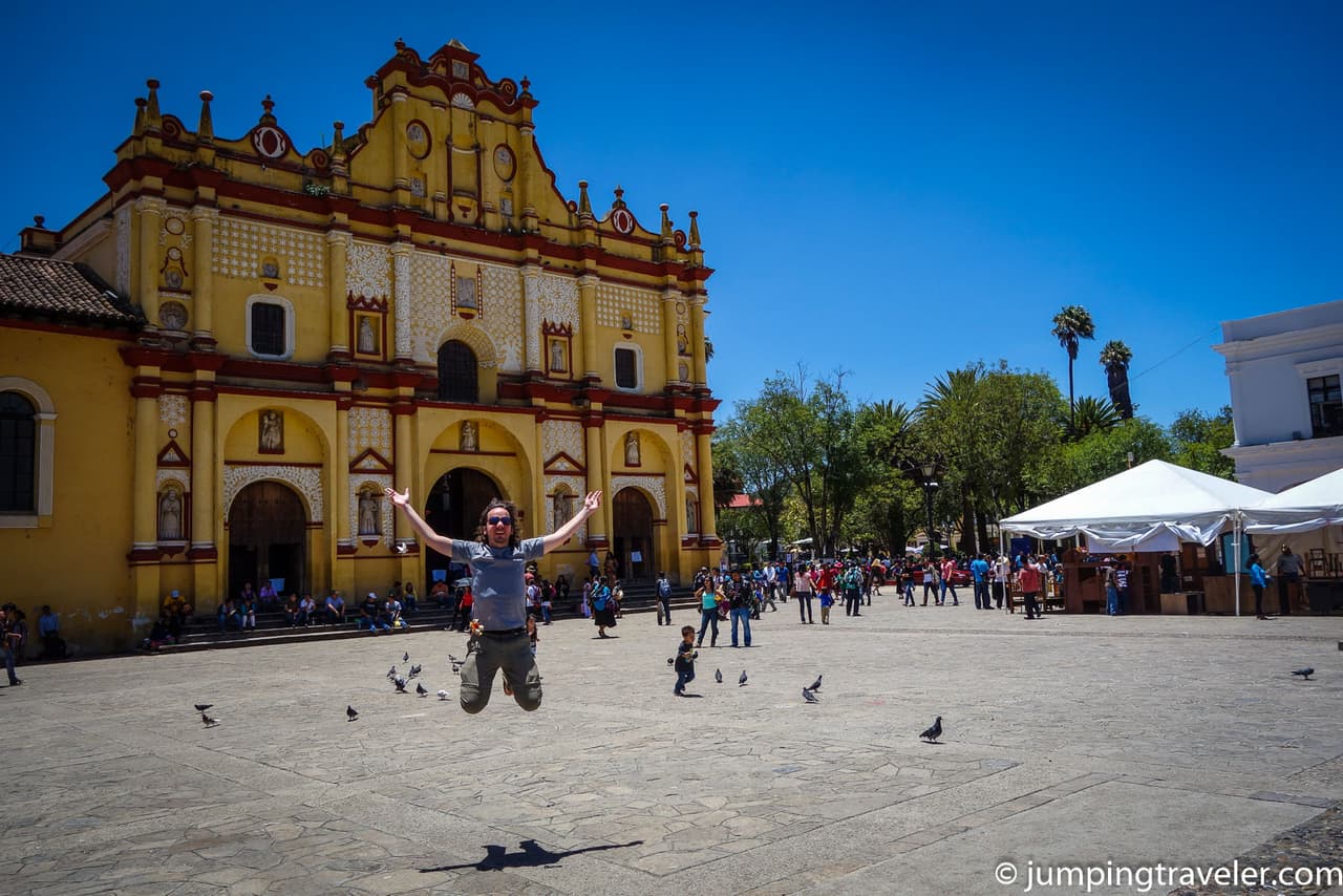 Jumping in front of the main Church in San Cristóbal de las Casas