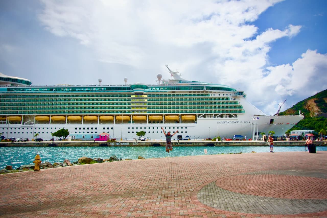Jumping in Charlotte Amalie, in front of Independence of the Seas