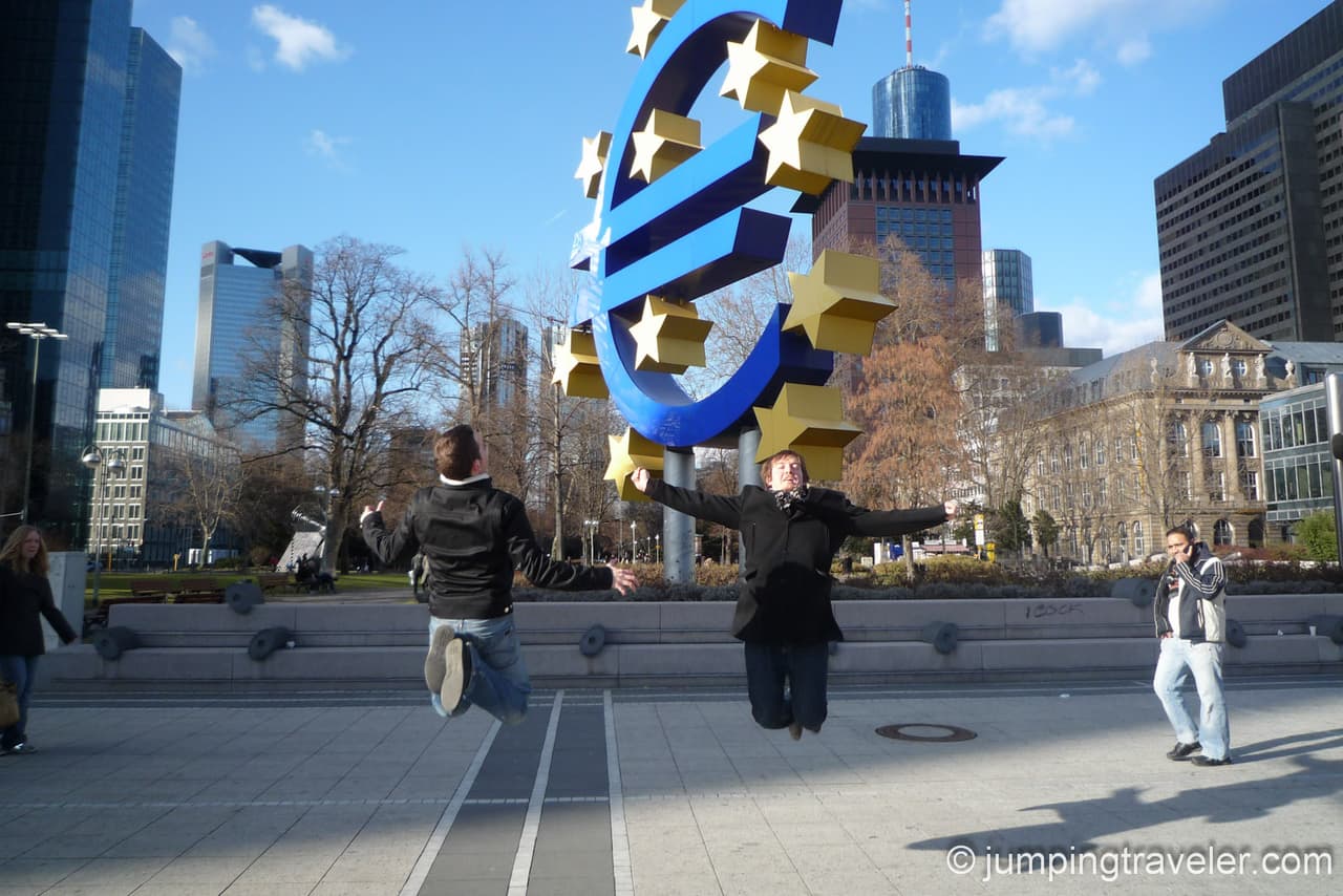 Jumping in front of the European Central Bank, Frankfurt