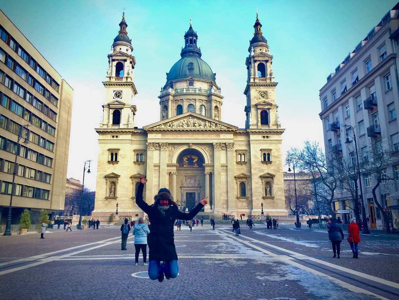 Jumping in front of St. Stephen's Basilica in Budapest