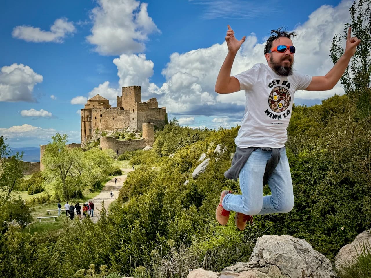 Sly jumping in front of Loarre Castle