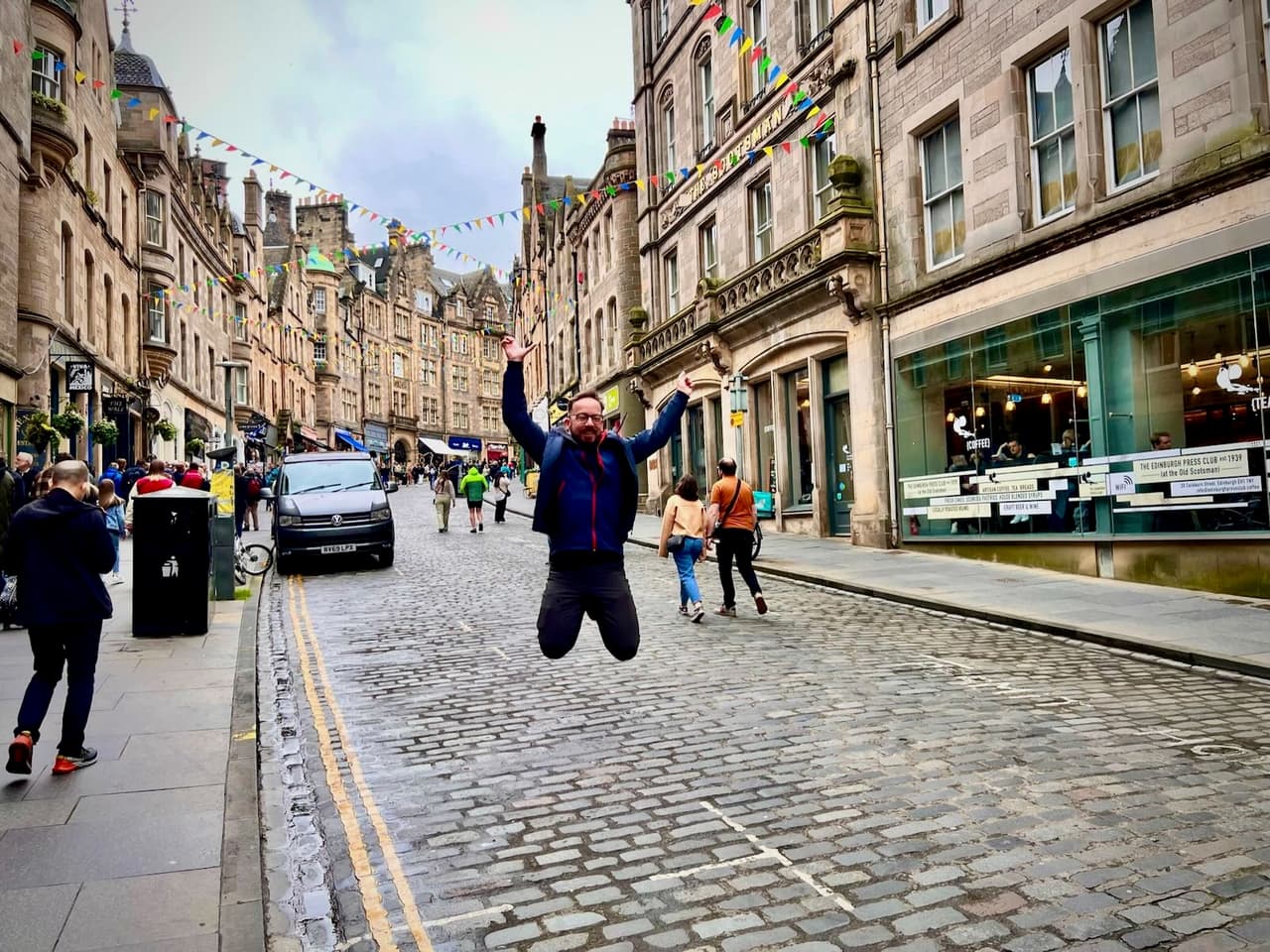 Jumping in Cockburn Street in Edinburgh
